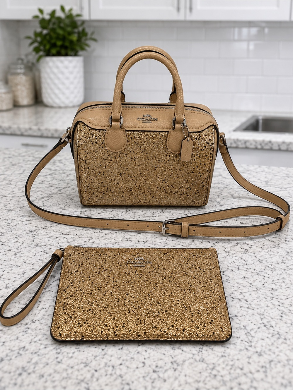 Coach Micro/baby Bennett Satchel Gold Star Glitter Nude/Tan & matching wristlet